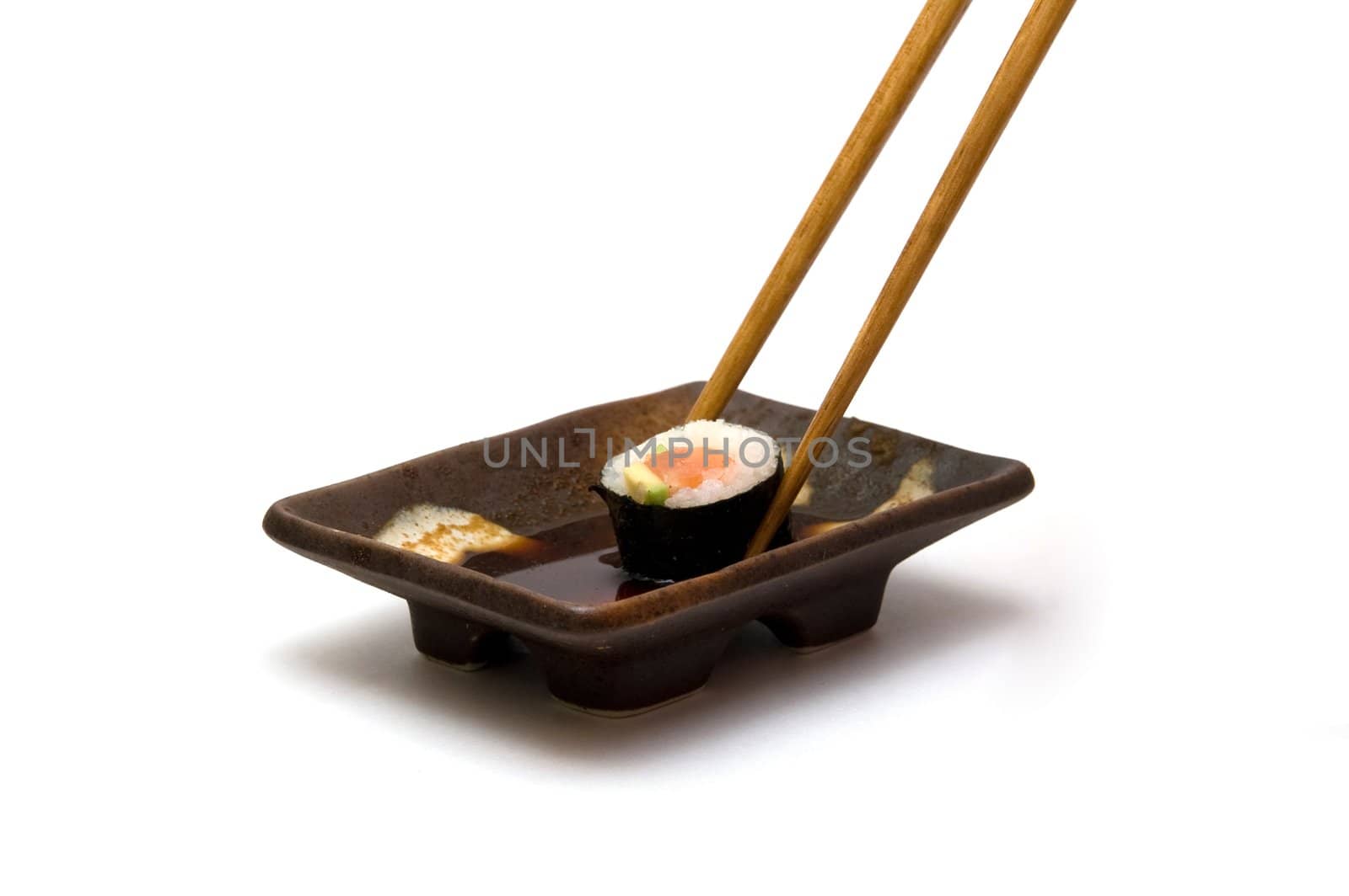 chopsticks with roll in soy by lilsla