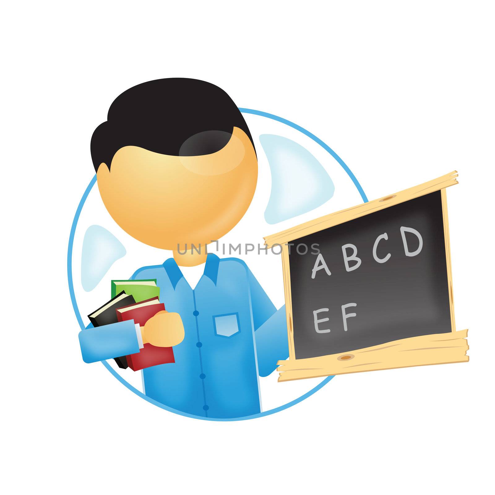 a teacher holding books and alphabets on black board
