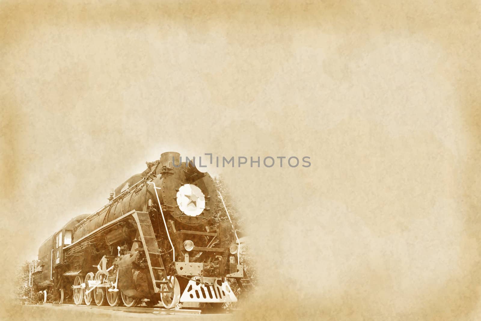 Vintage background with old soviet steam locomotive (made using my own photo)