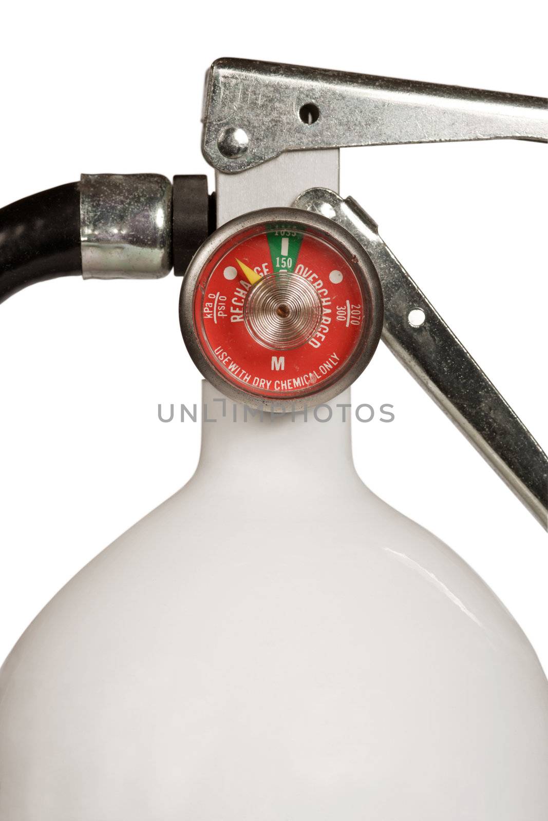 Closeup of a white fire extinguisher that needs recharging.
