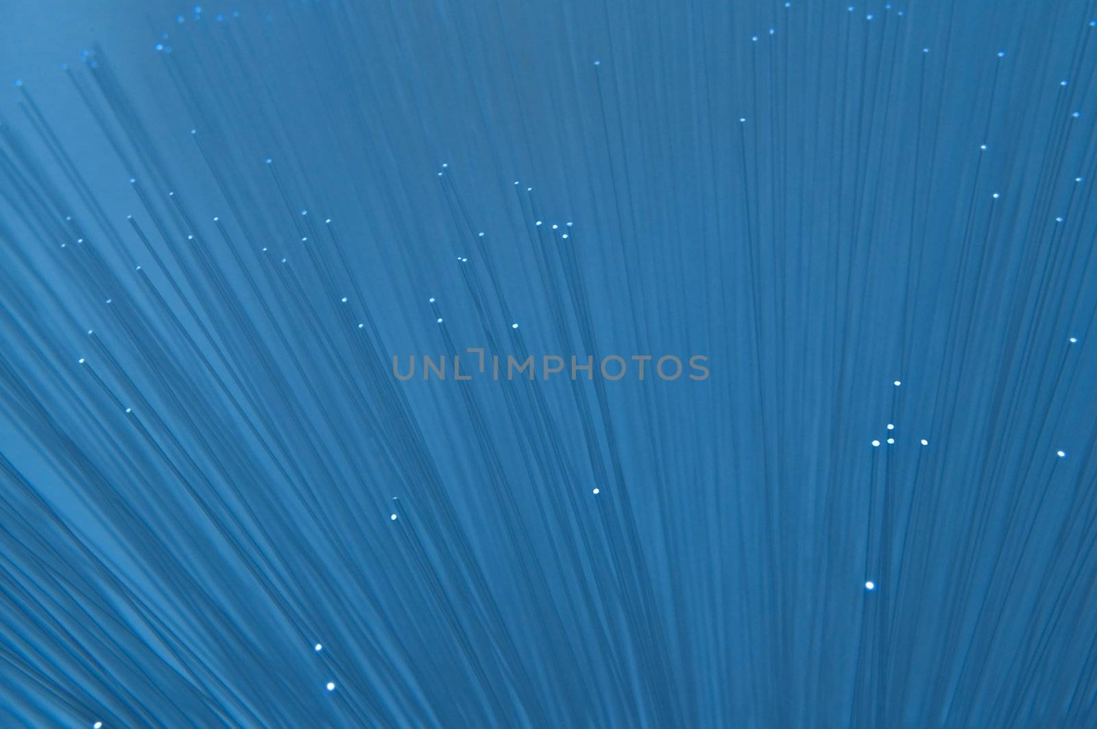 Close and low level capturing the ends of many illuminated blue fibre optic strands.