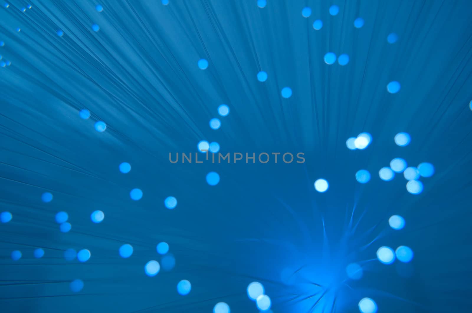 Close, abstract style and low level capturing the ends of many illuminated blue fibre optic strands.