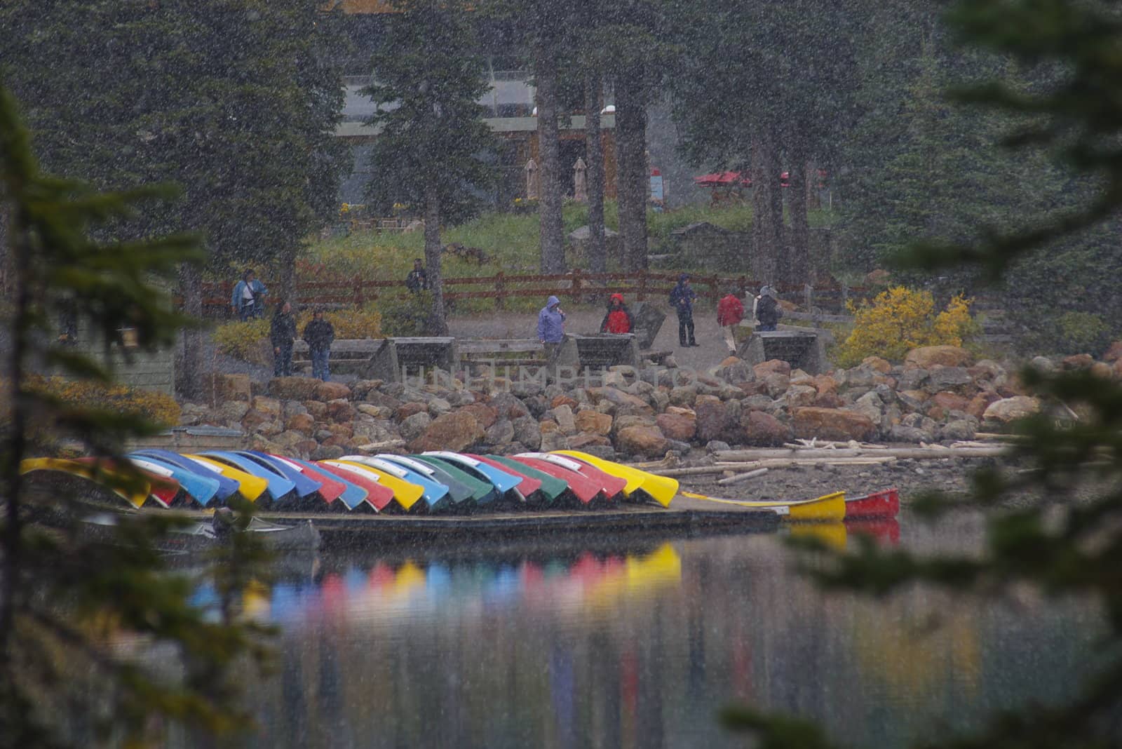 Snow falling at a lake