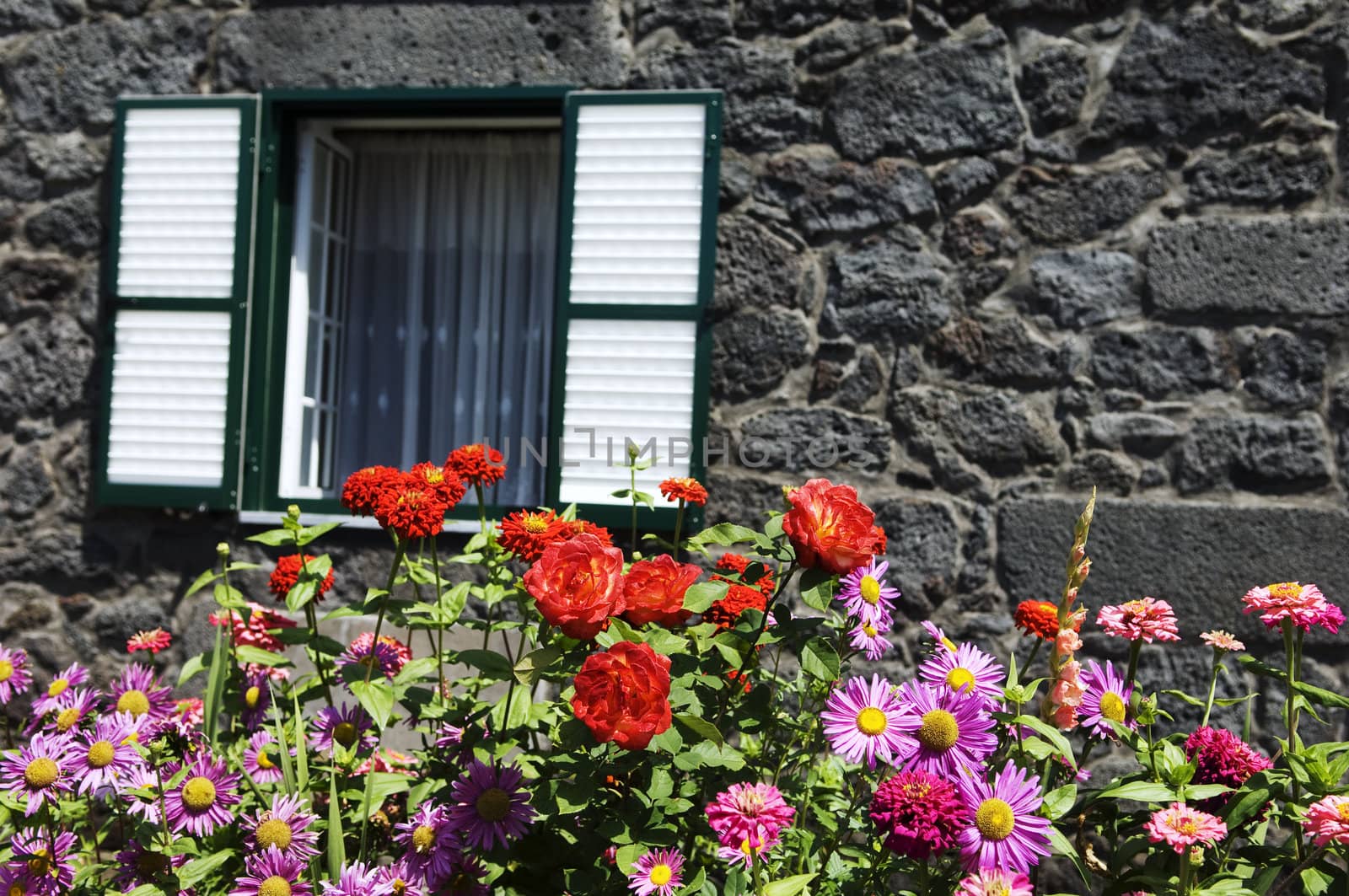 Bunch of flowers in front of a stone house