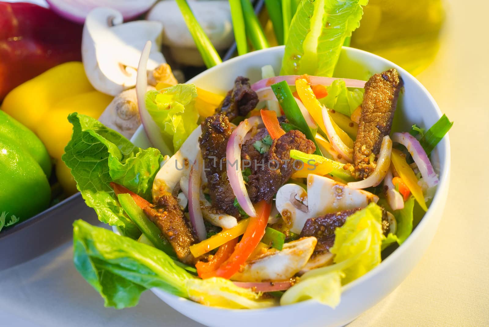 fresh colorfull thai beef salad on a bowl close up