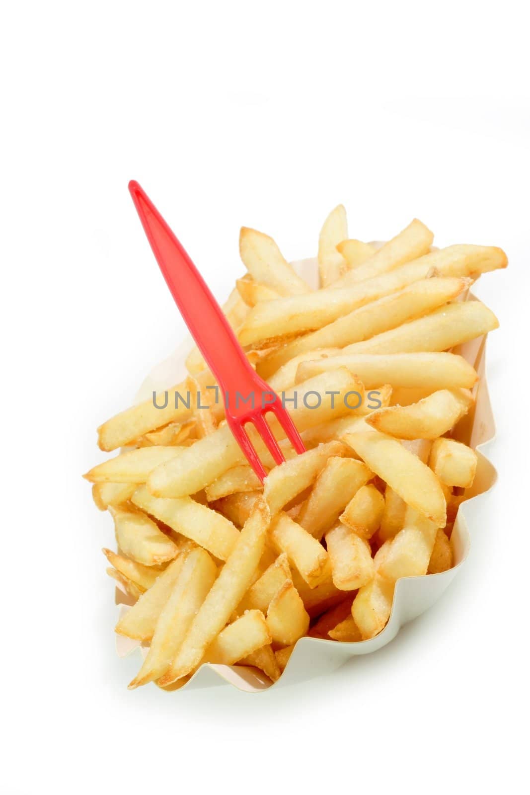 Crunchy French Fries on a paper plate with bright background
