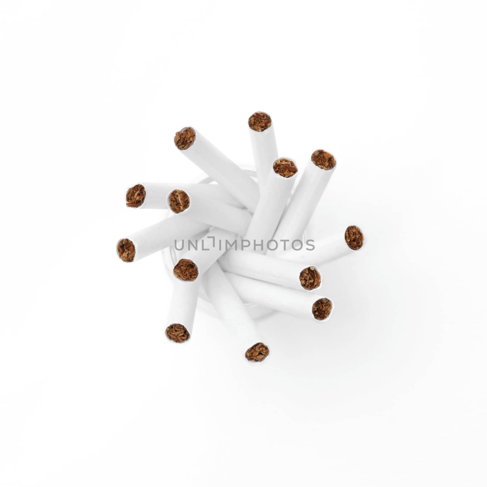 thirteen cigarettes bouquet shot from above over white background, concept