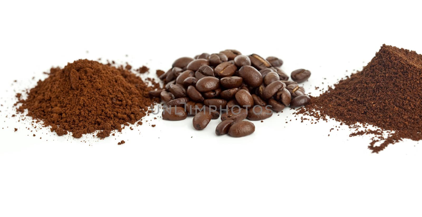 Three types of coffee in a row on white background