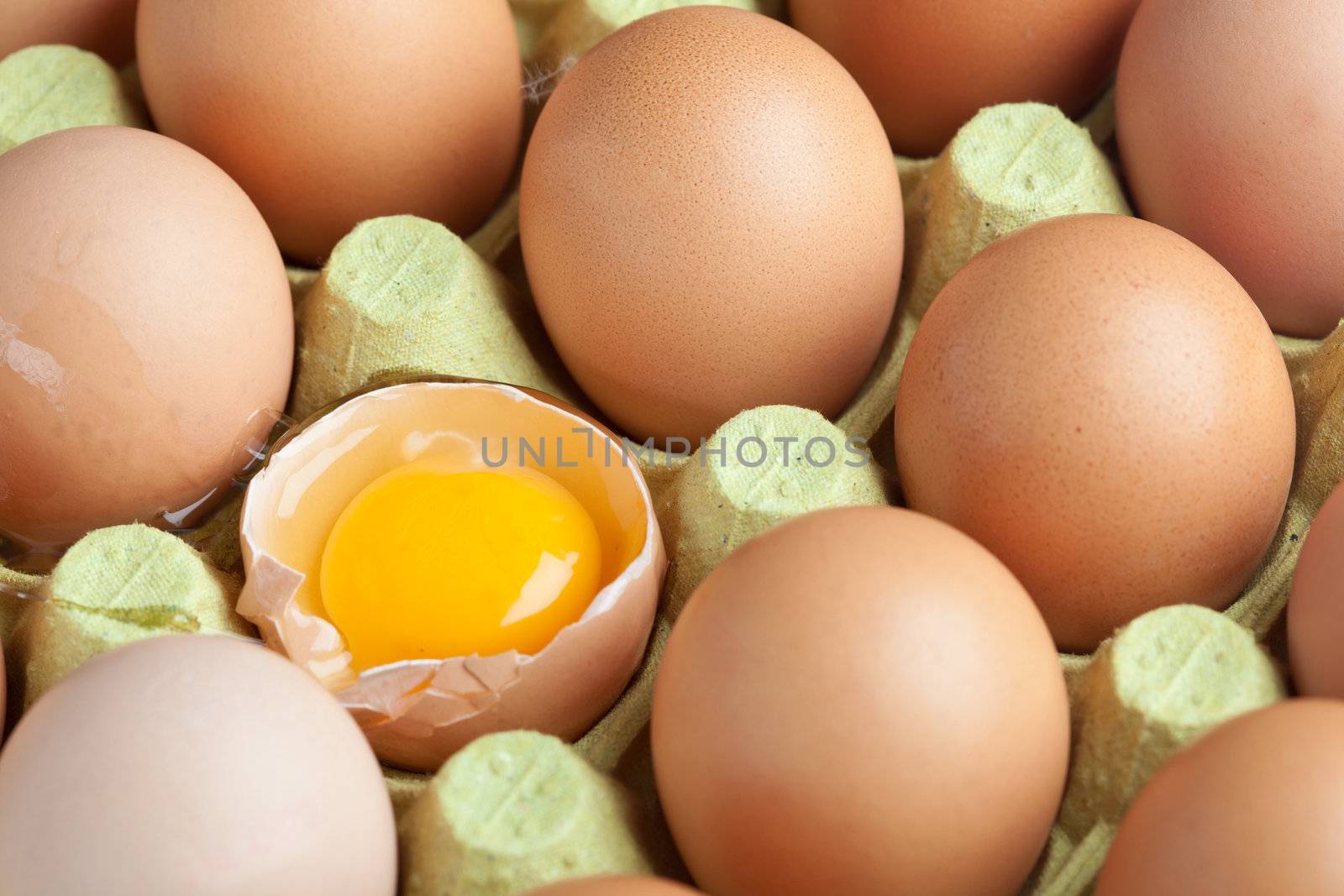 Box full of eggs with one broken egg in between