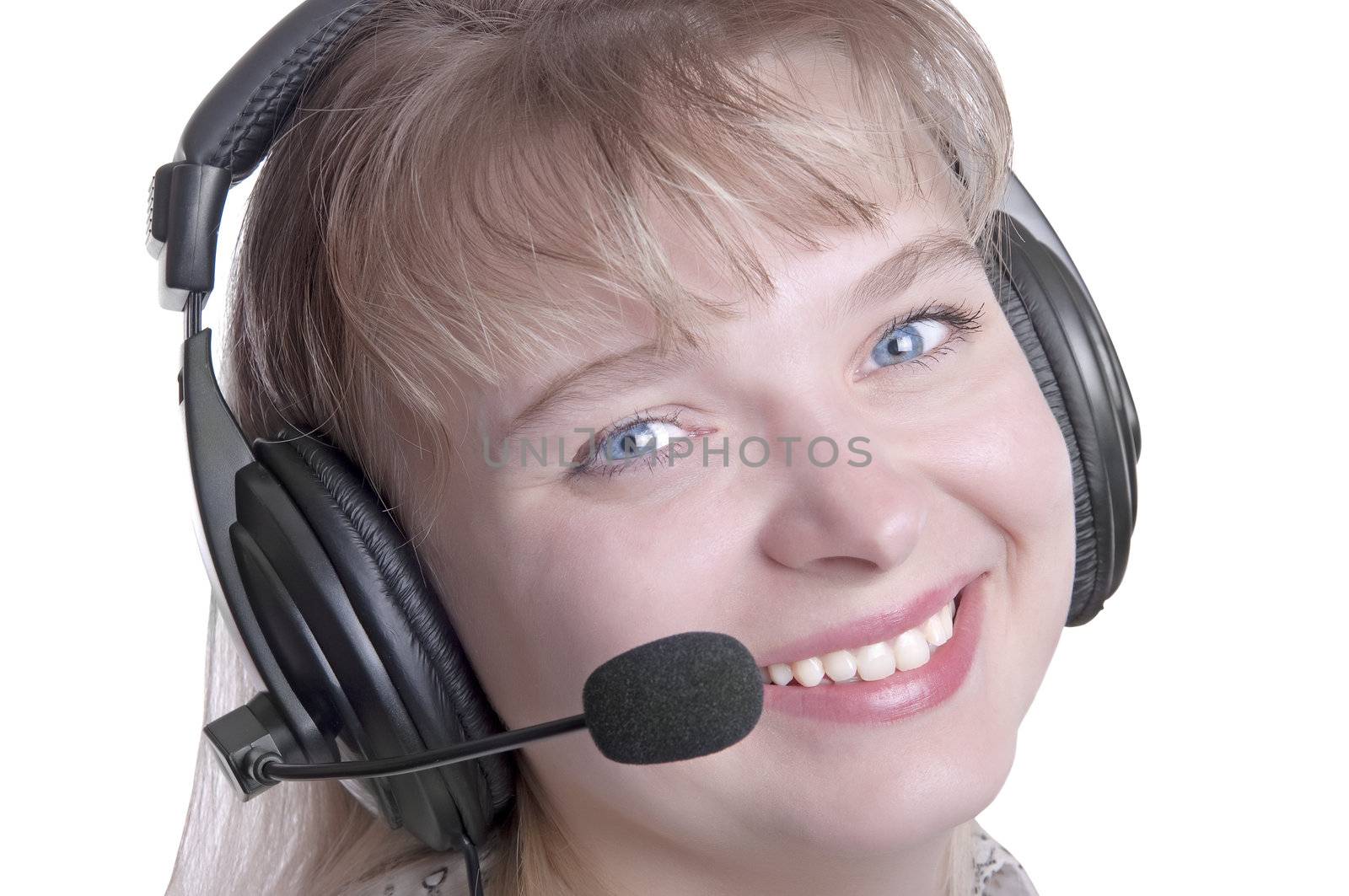 business customer support operator woman smiling isolated on white