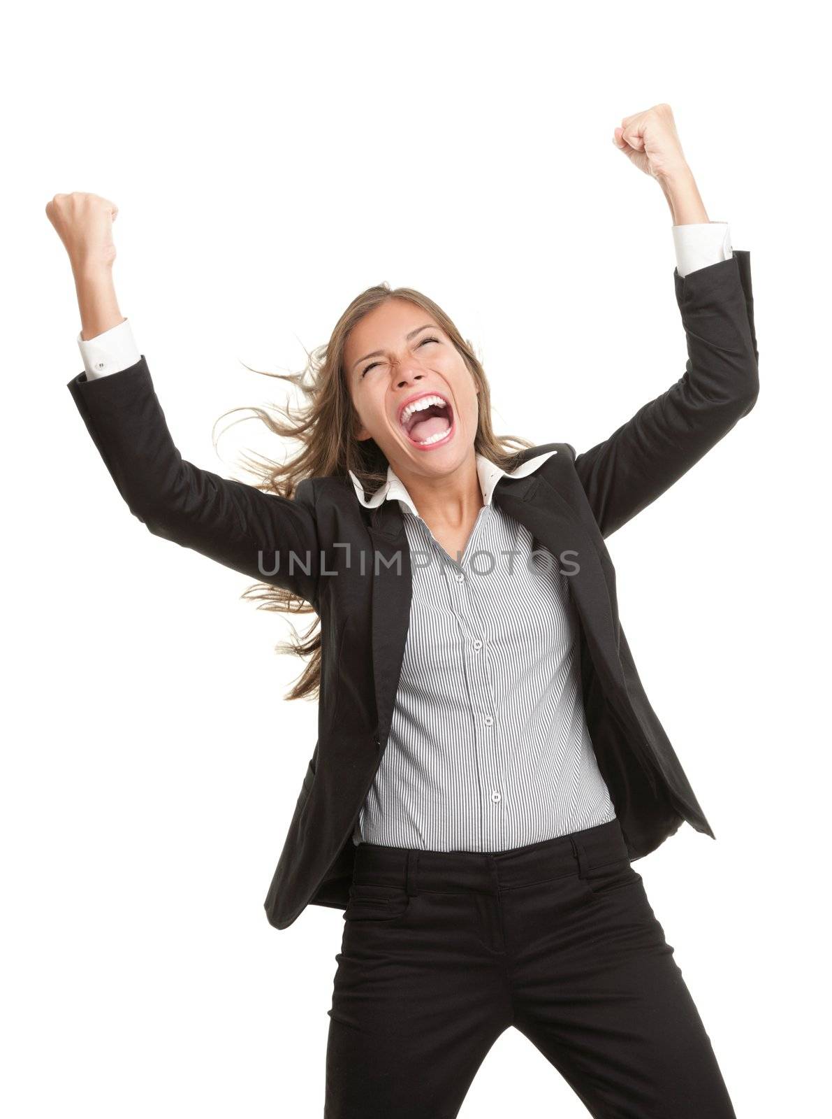Winner businesswoman with success. Beautiful young mixed race chinese / caucasian woman in suit cheering vere happy excited. Isolated on white background.