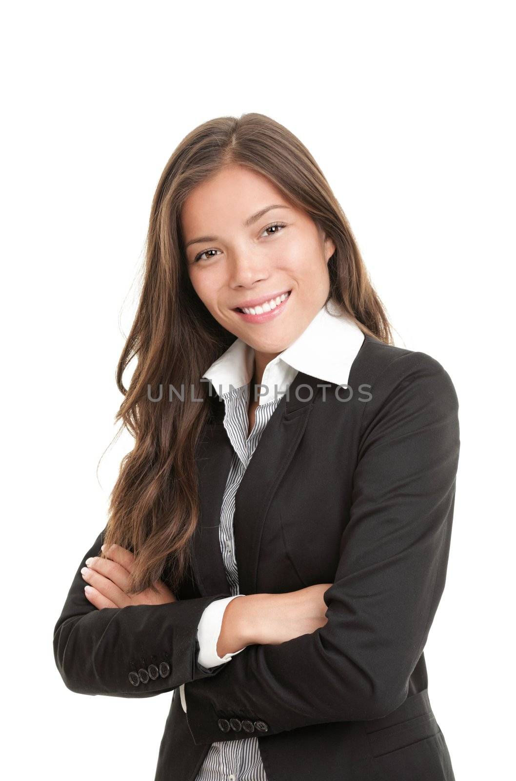 Portrait of beautiful young asian businesswoman in her twenties. Isolated on white background. Mixed caucasian / chinese model.