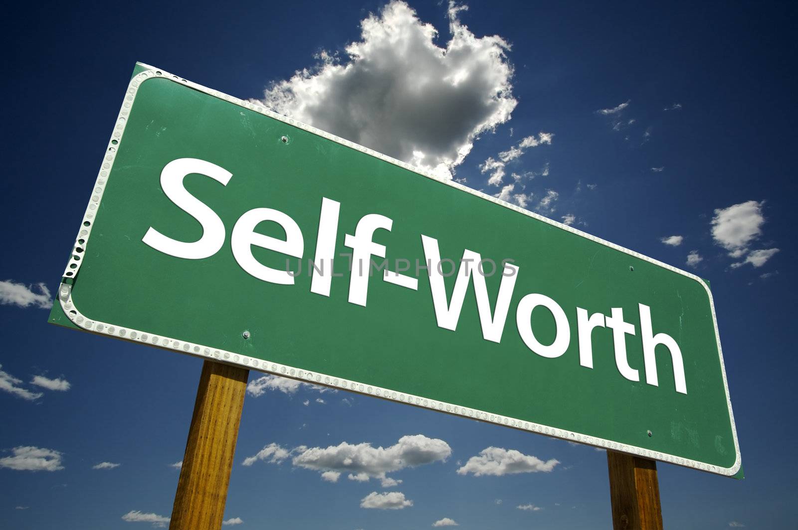 Self-Worth Road Sign with dramatic clouds and sky.