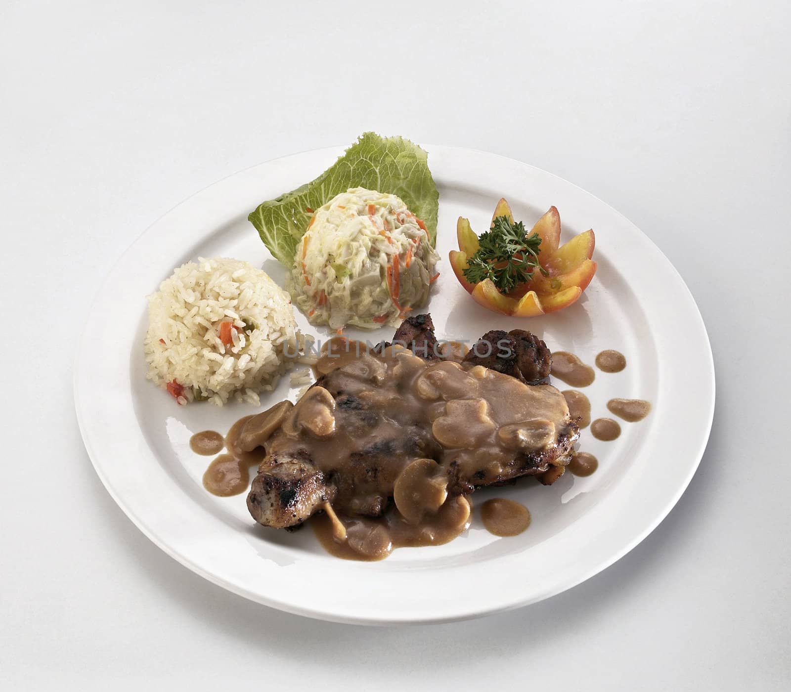 chicken chop with mushroom ,coleslaw and rice