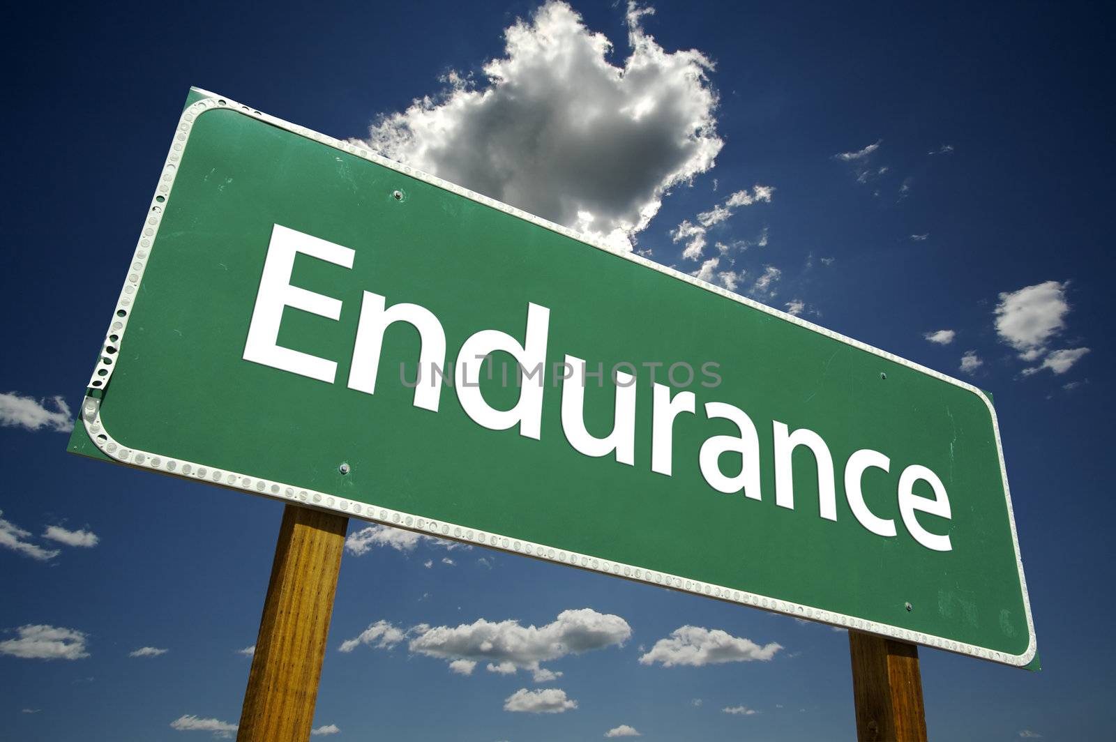 Endurance Road Sign with dramatic clouds and sky.