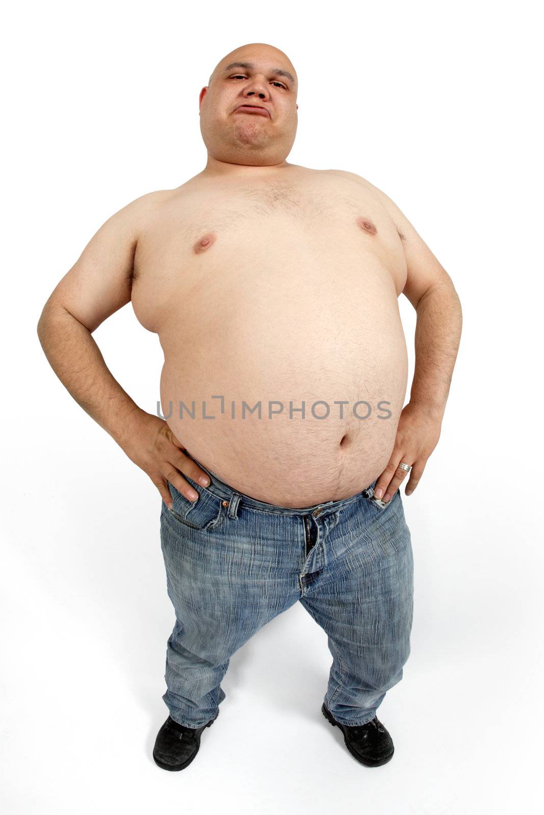 Overweight male - taken with fish-eye lens for exaggerated stomach.
