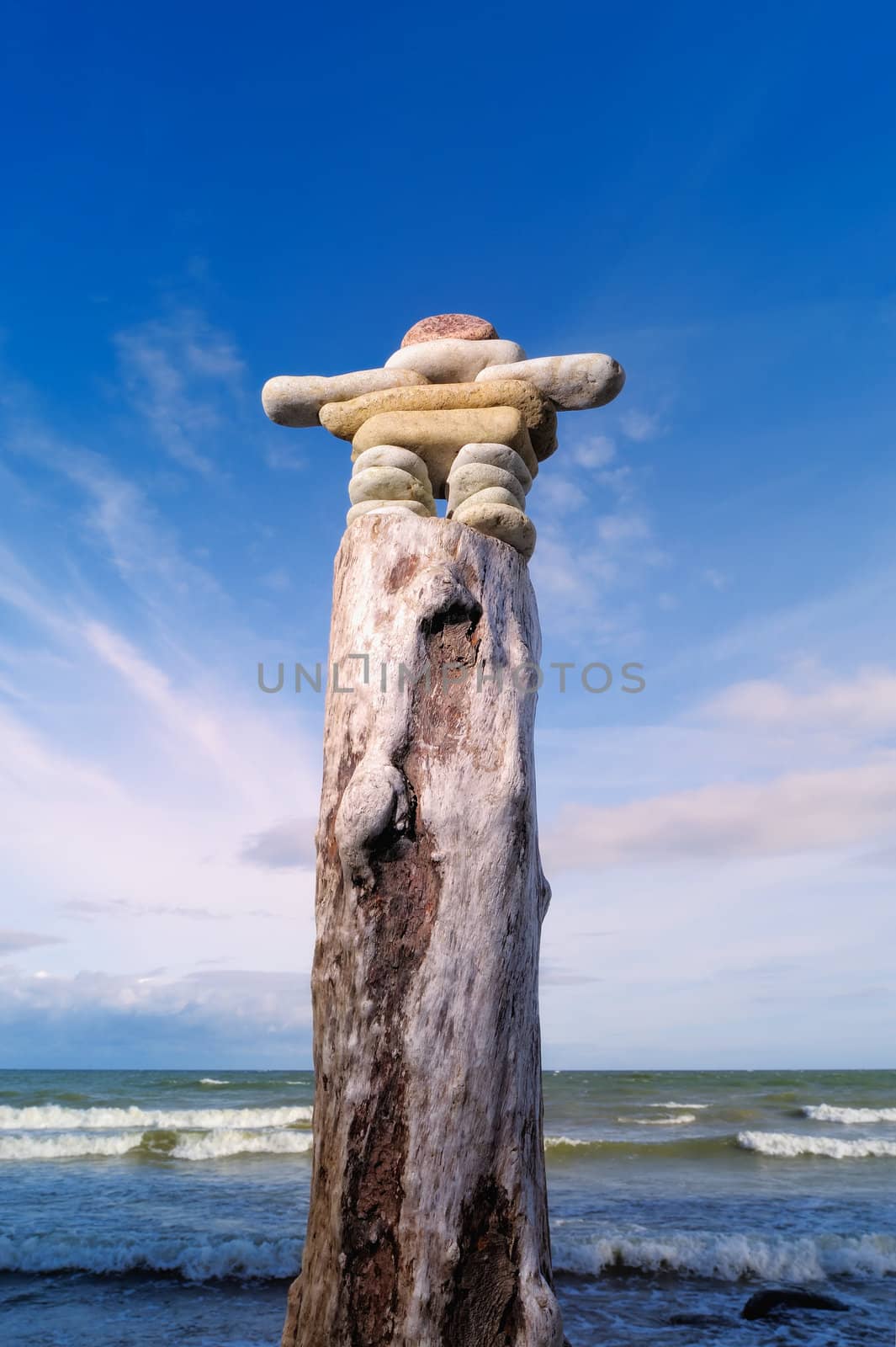 Figurine from the pebble on the top of vertically trunk