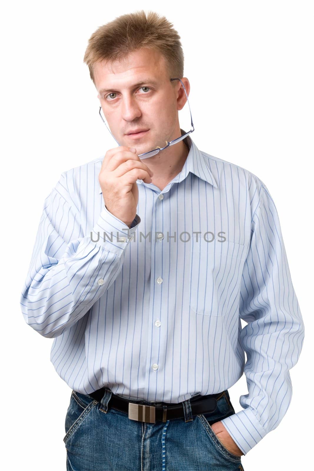 serious man with glasses on a white background.