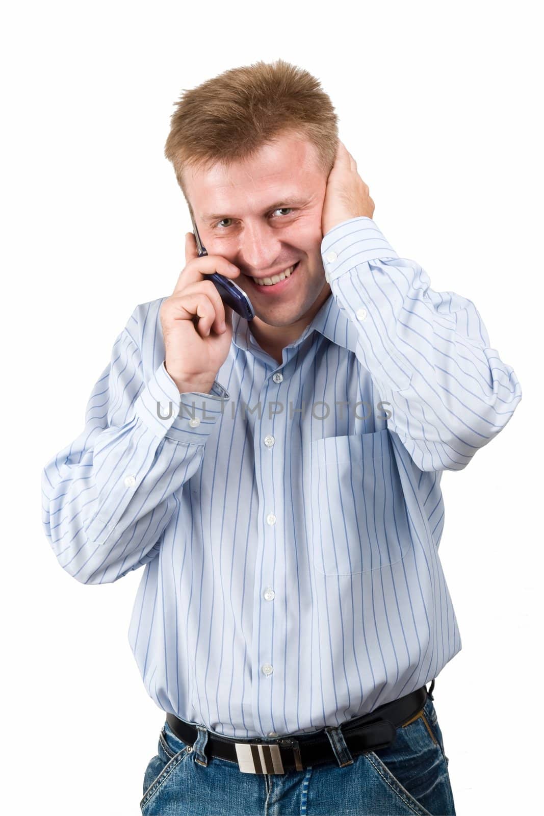 smiling man with mobile phone on a white background