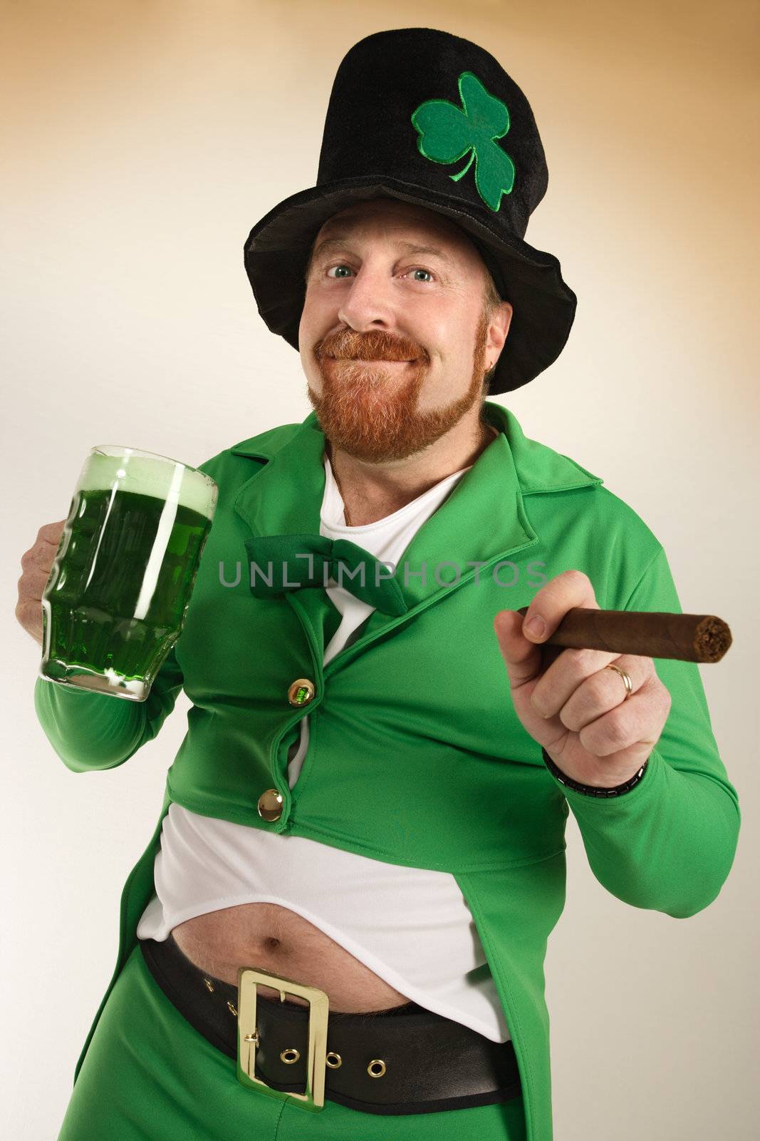 An image of a Leprechaun drinking green beer and smoking a cigar on St. Patrick's Day.
