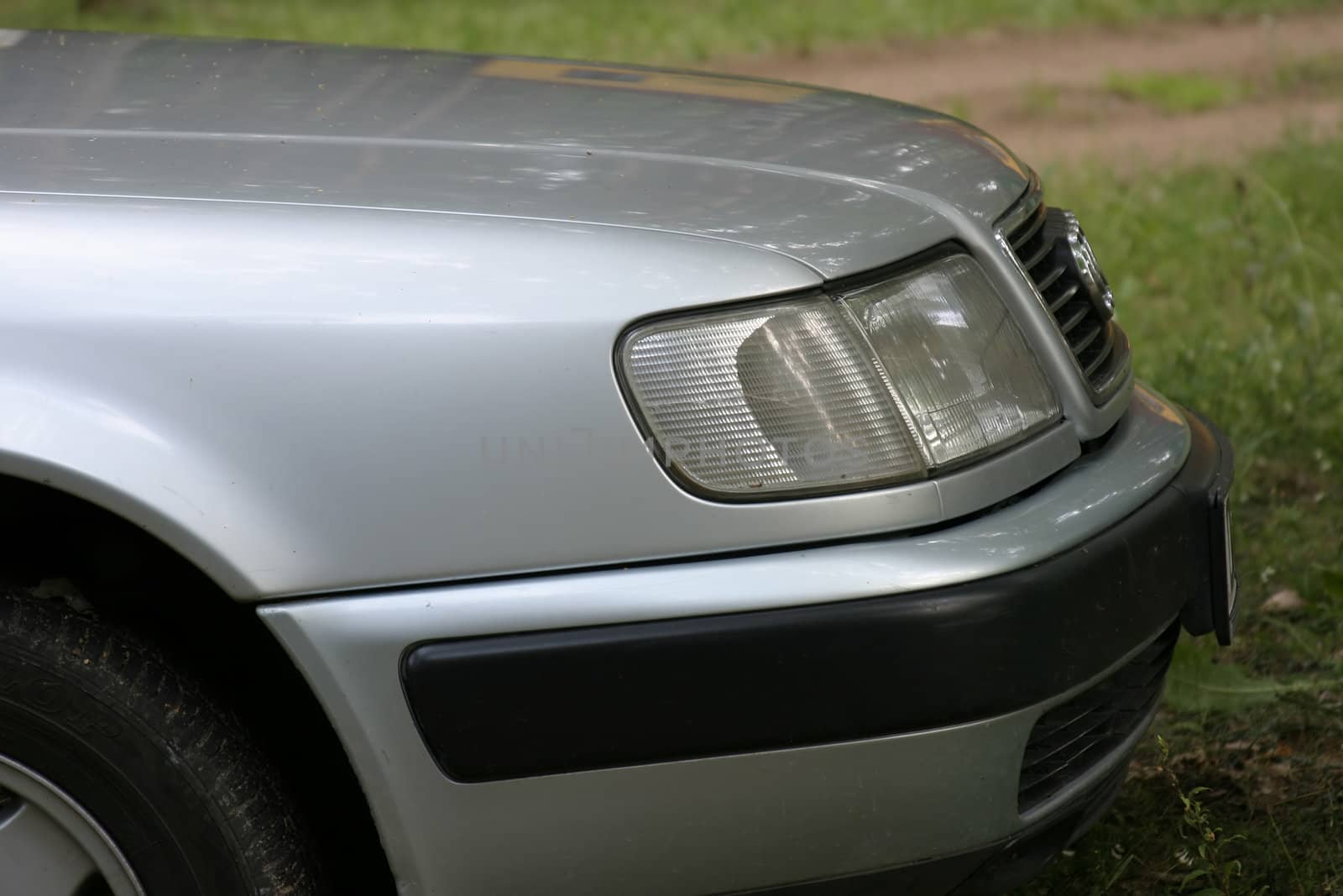 Close- up of european sedan hood. Parking on nature.