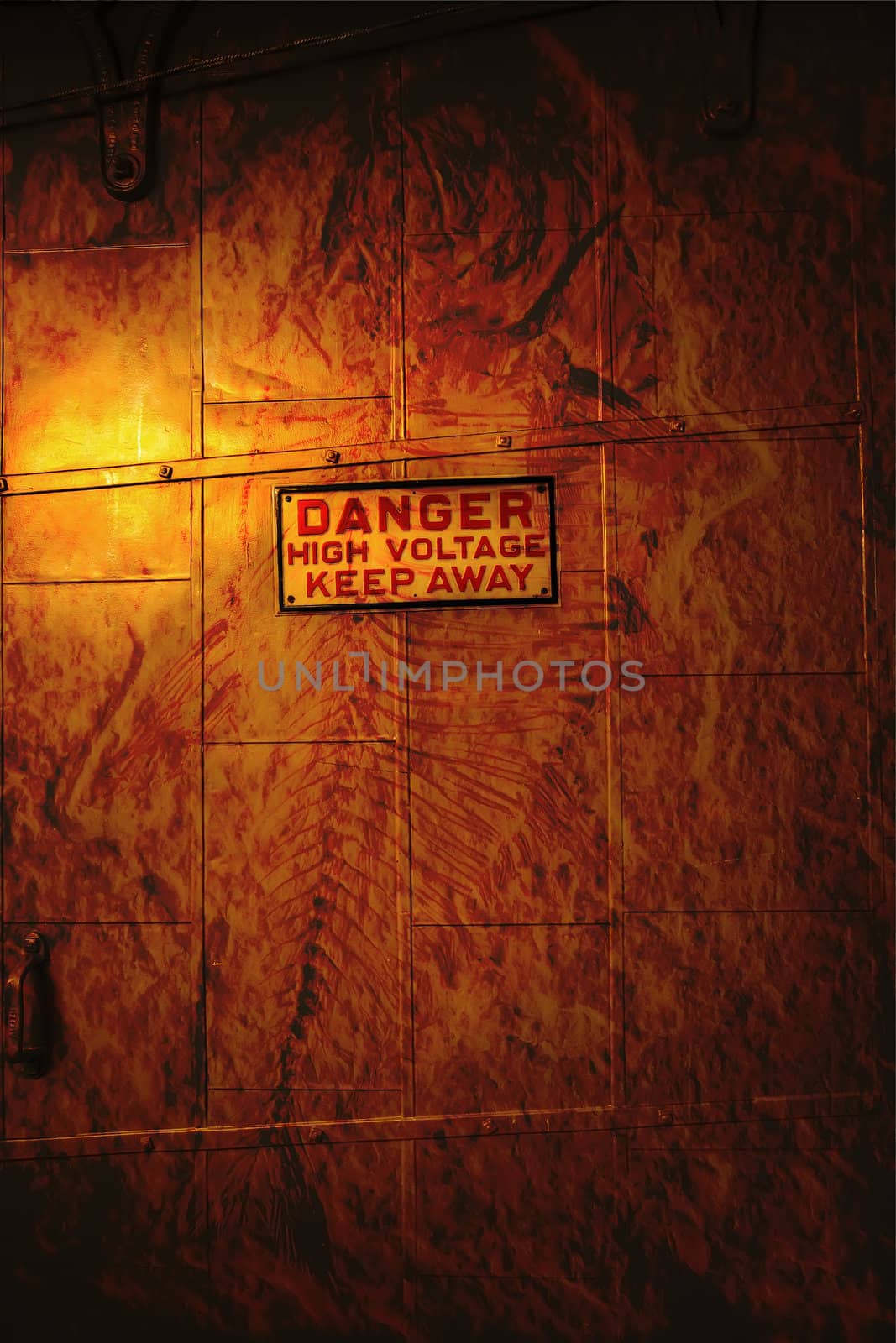 Grunge Electrical Room Steel Door with Danger Sign by Davidgn