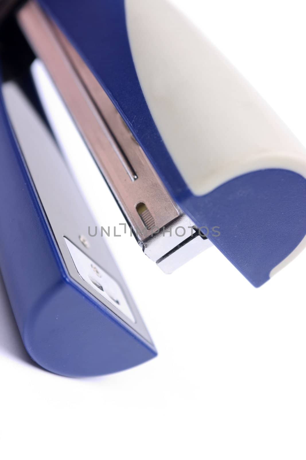 Closeup of blue stapler isolated on white background