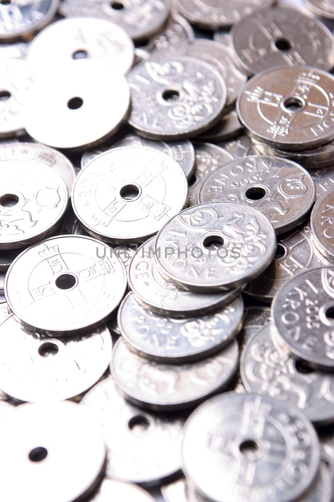 Closeup of coins (Norwegian) and with a narrow focus
