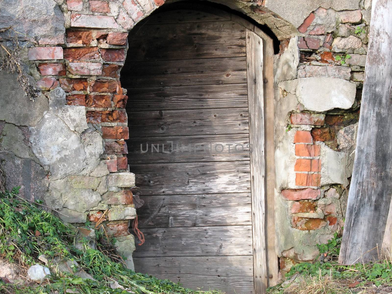 Door to old cellar builded of stones.