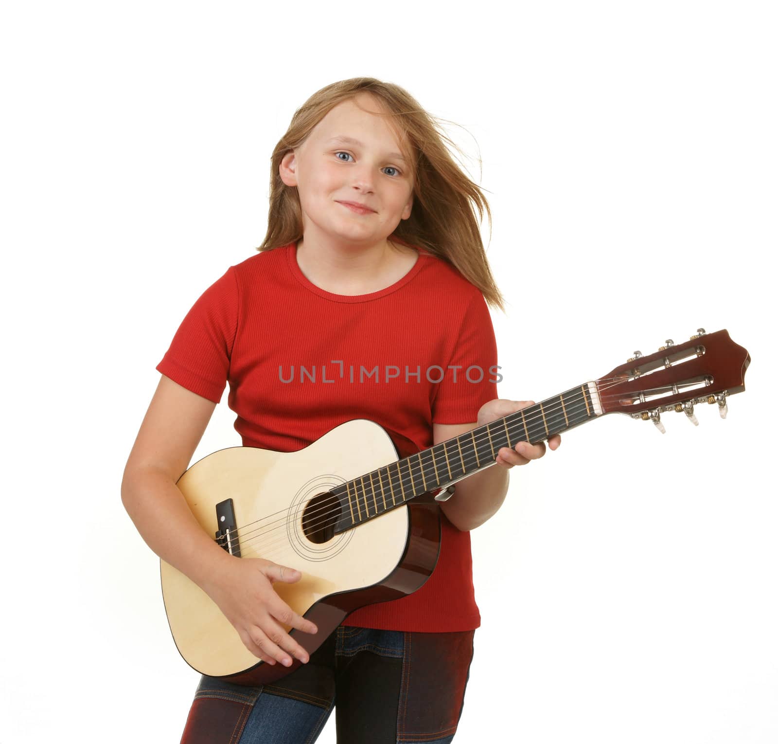 young girl playing the guitar on white background