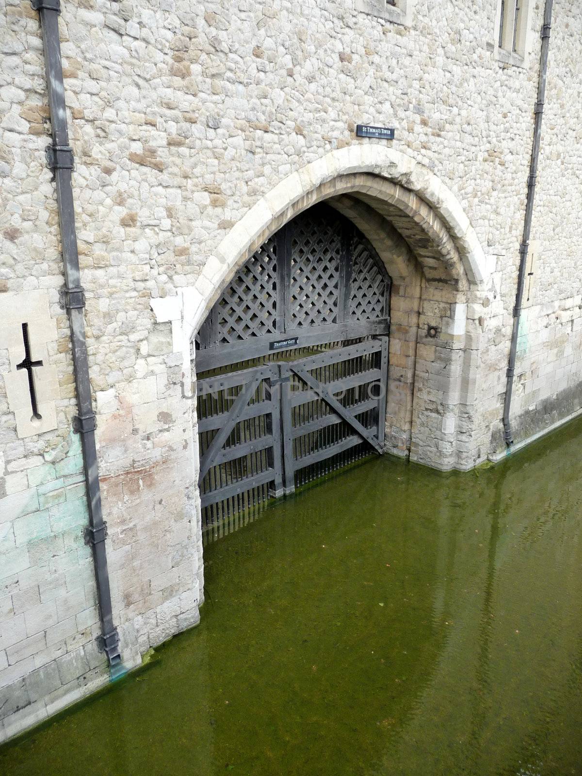 A view of traitors gate which is one of the many gates into the Tower of London. The water in the scene is from the River Thames.