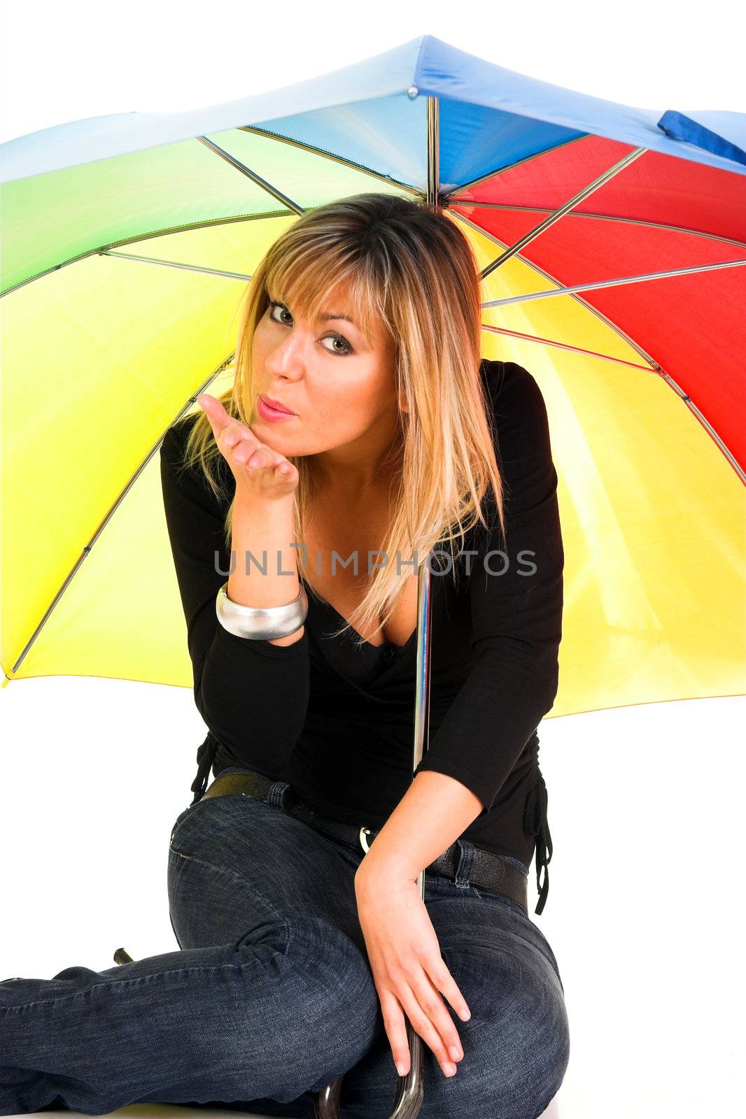 young girl sending a kiss under the umbrella 