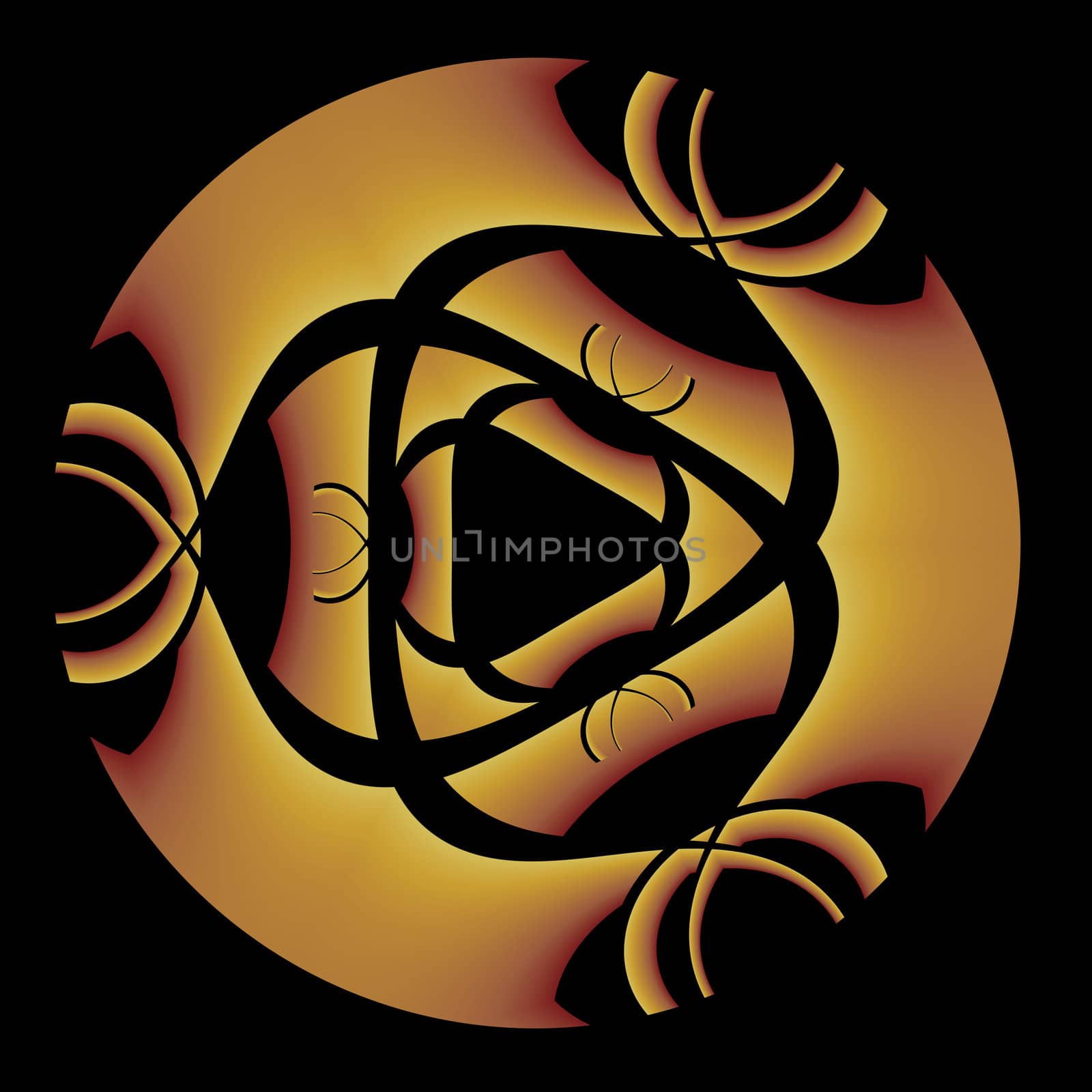 A circular fractal done in shades of yellow with a black triangular center.