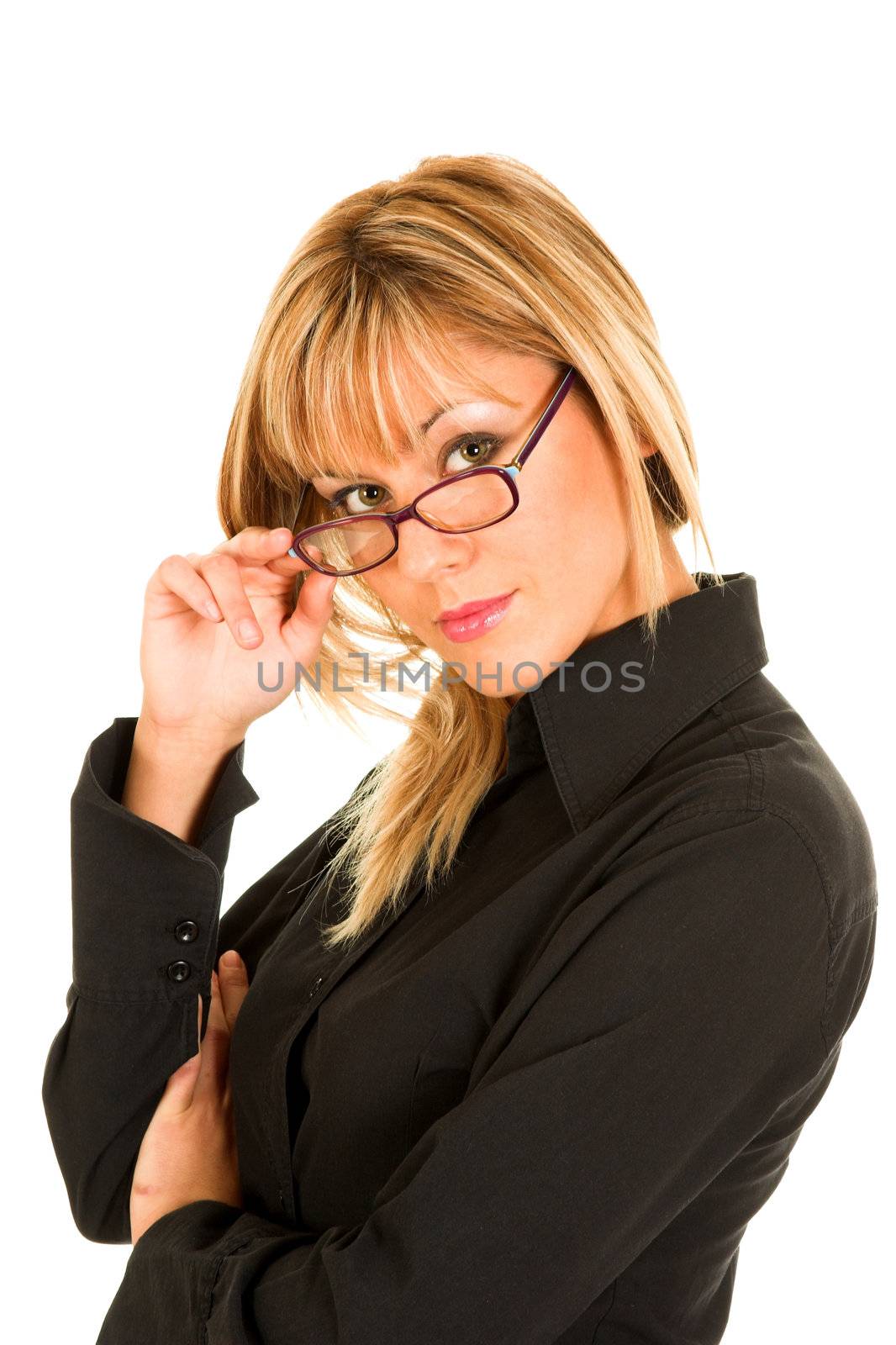 beautiful young woman with eyeglasses on white background