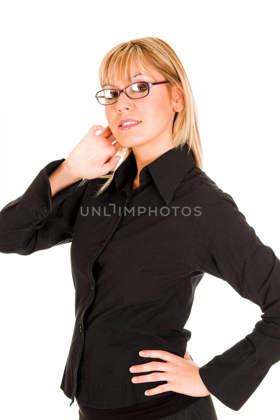 beautiful young woman with eyeglasses on white background