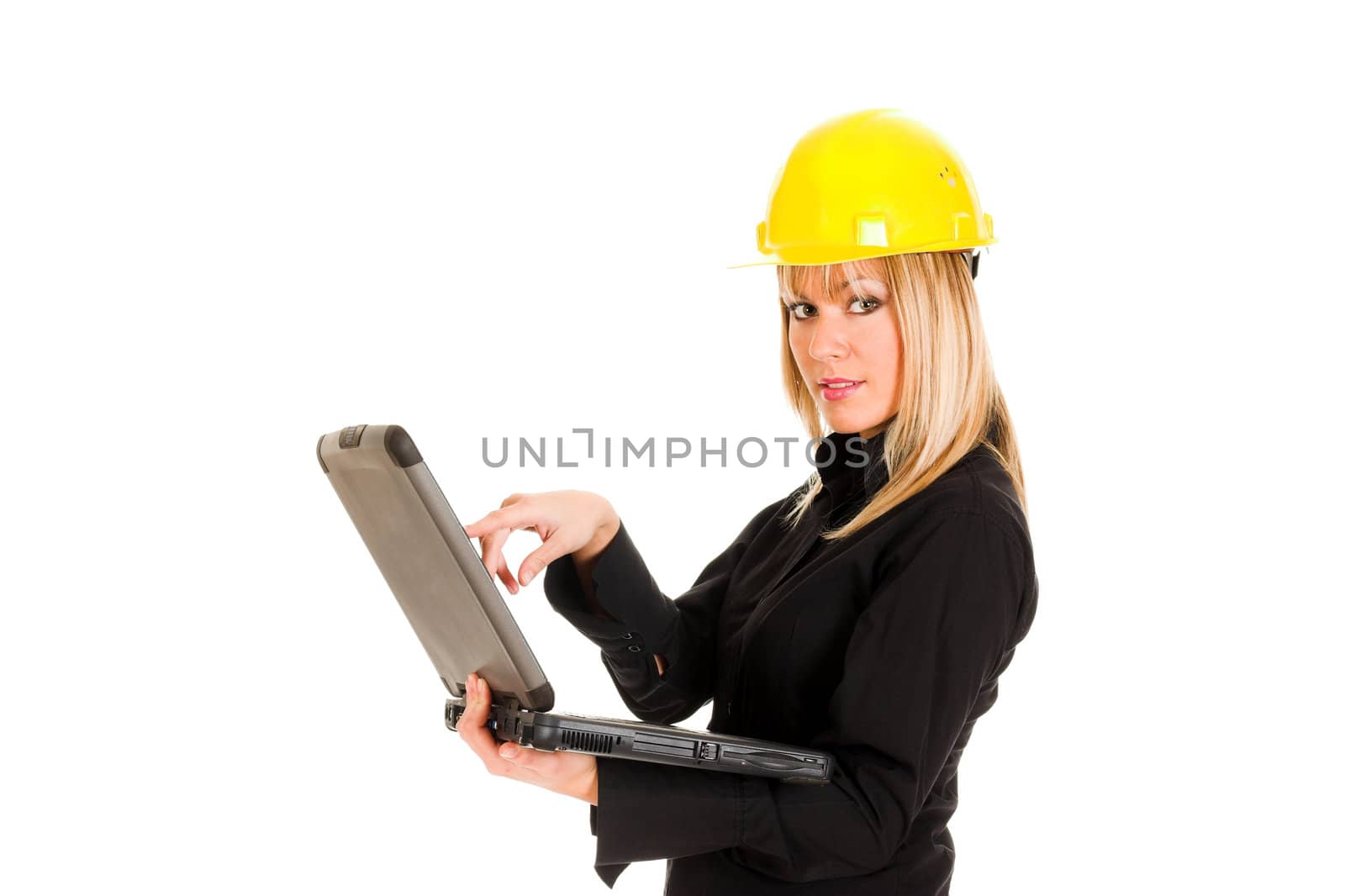 A businesswoman with notebook on white background