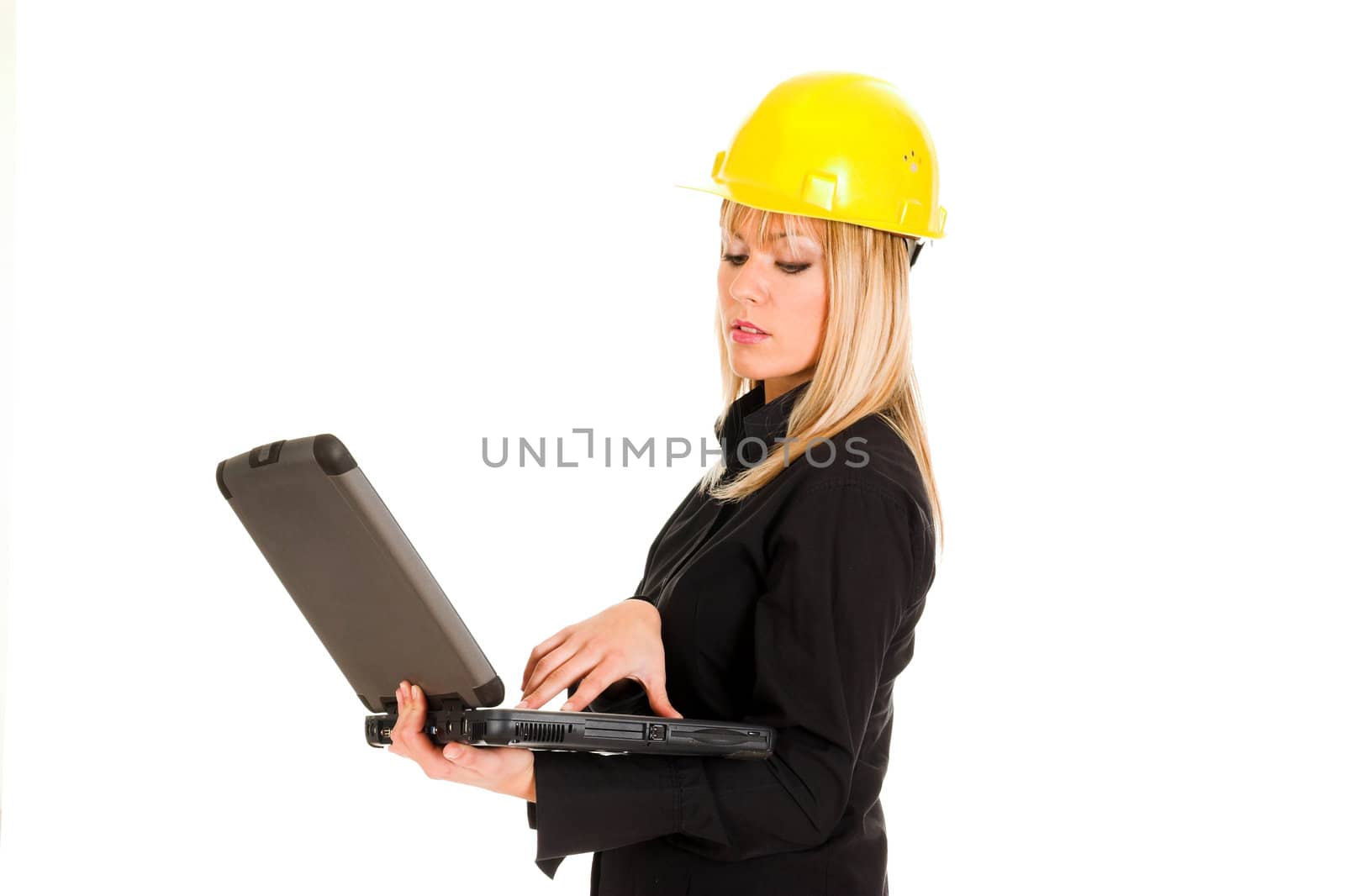 A businesswoman with notebook on white background