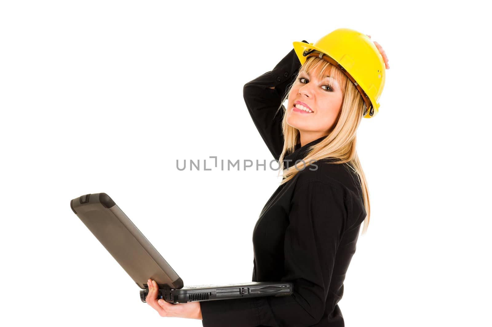 A businesswoman with notebook on white background