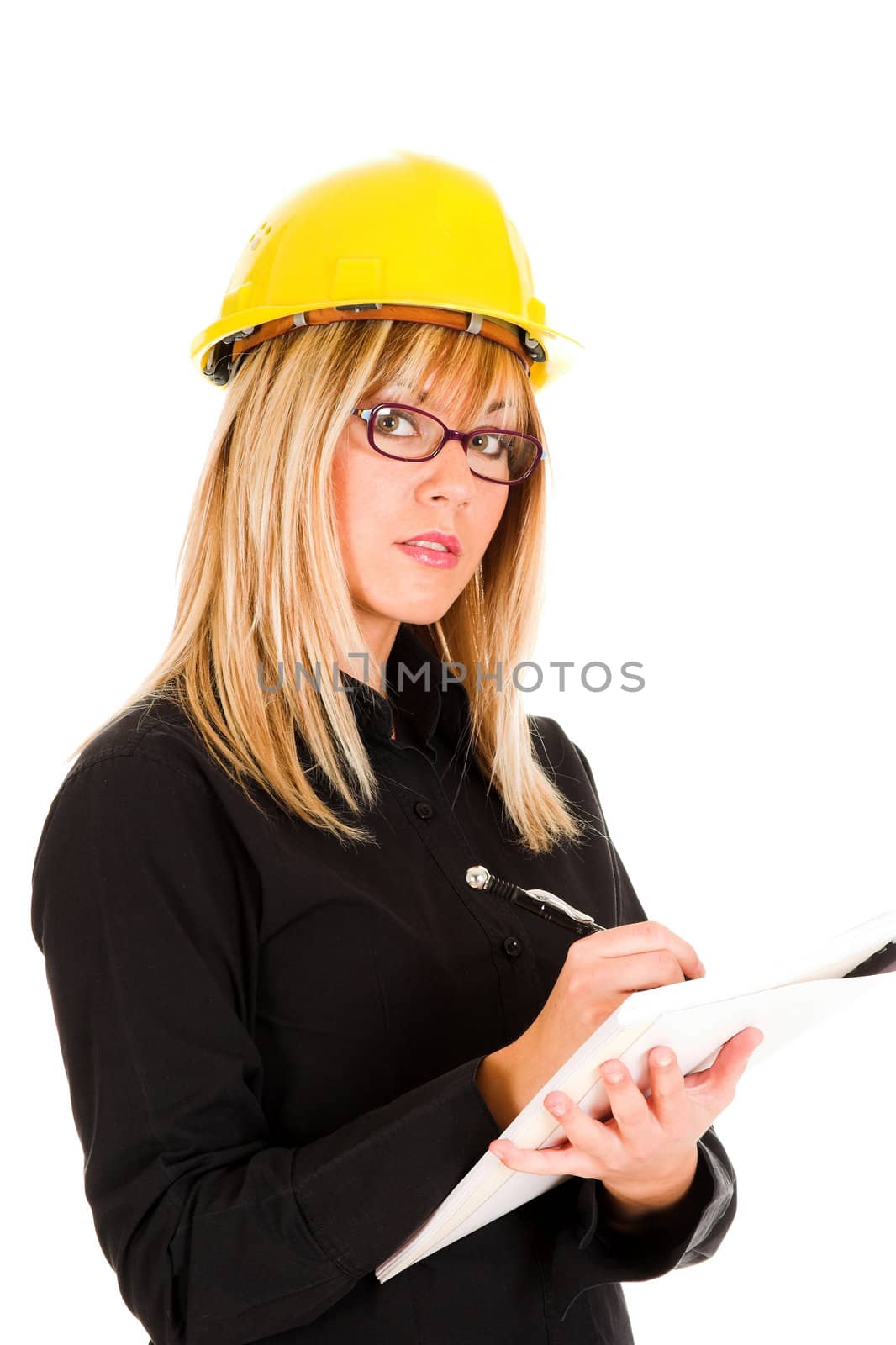 A businesswoman with documents and pencil on white background