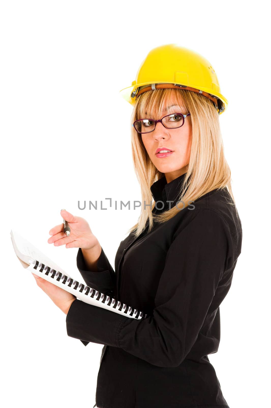 A businesswoman with documents and pencil on white background