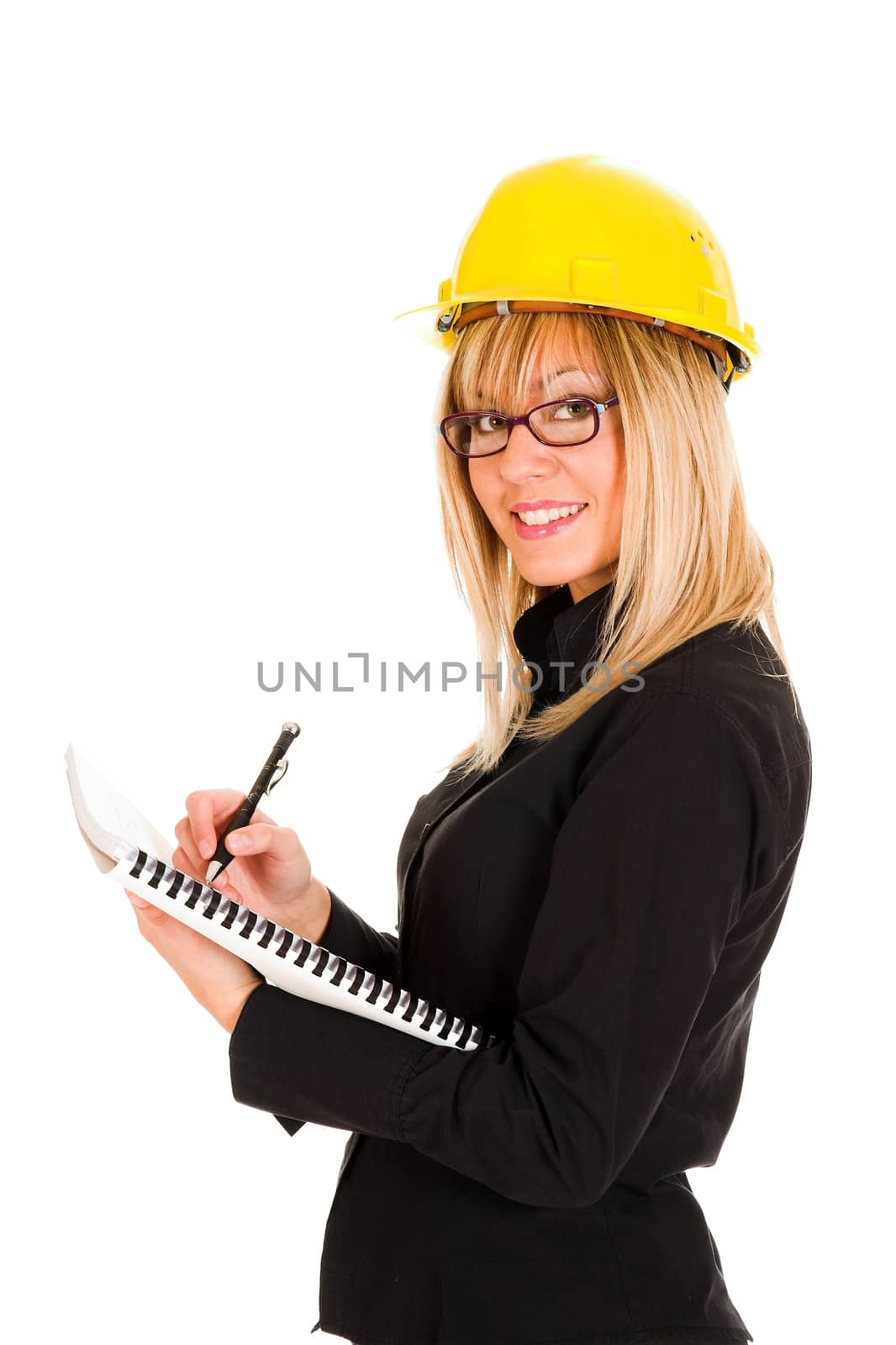 A businesswoman with documents and pencil on white background