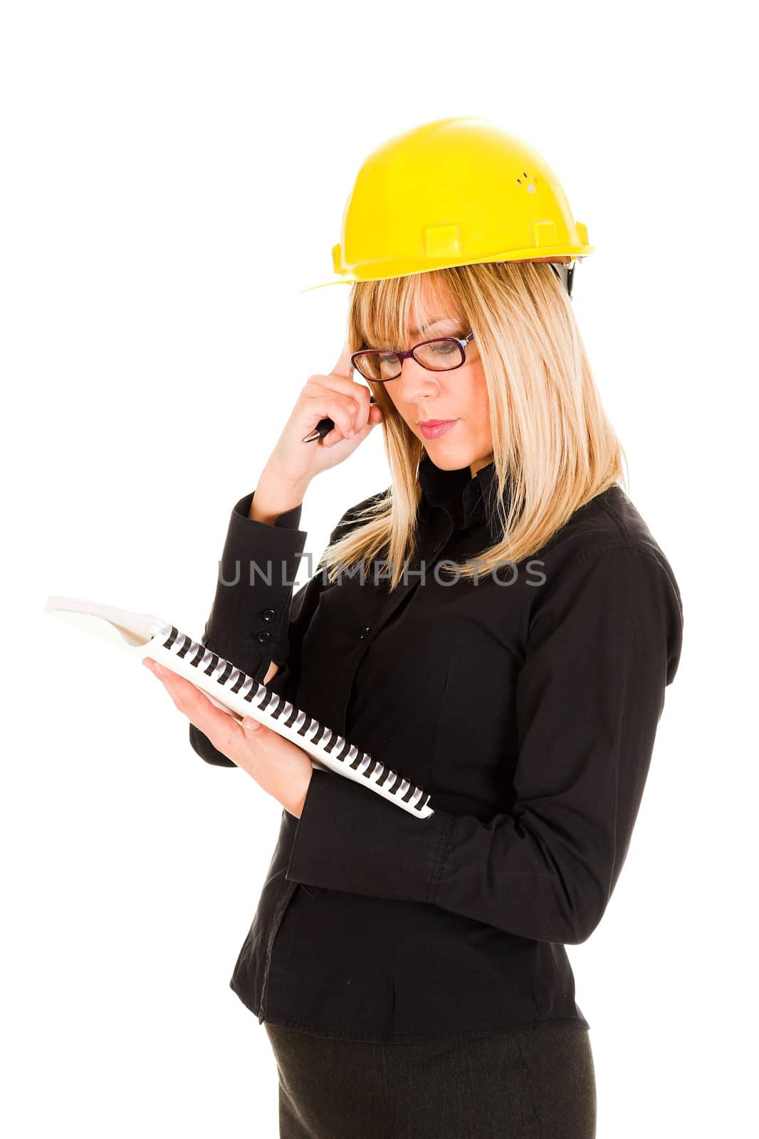 A businesswoman with documents and pencil on white background