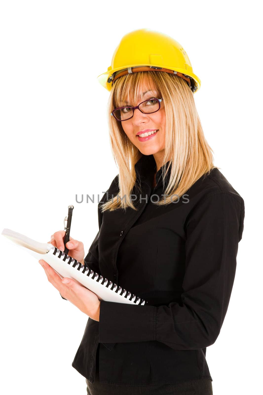 A businesswoman with documents and pencil on white background