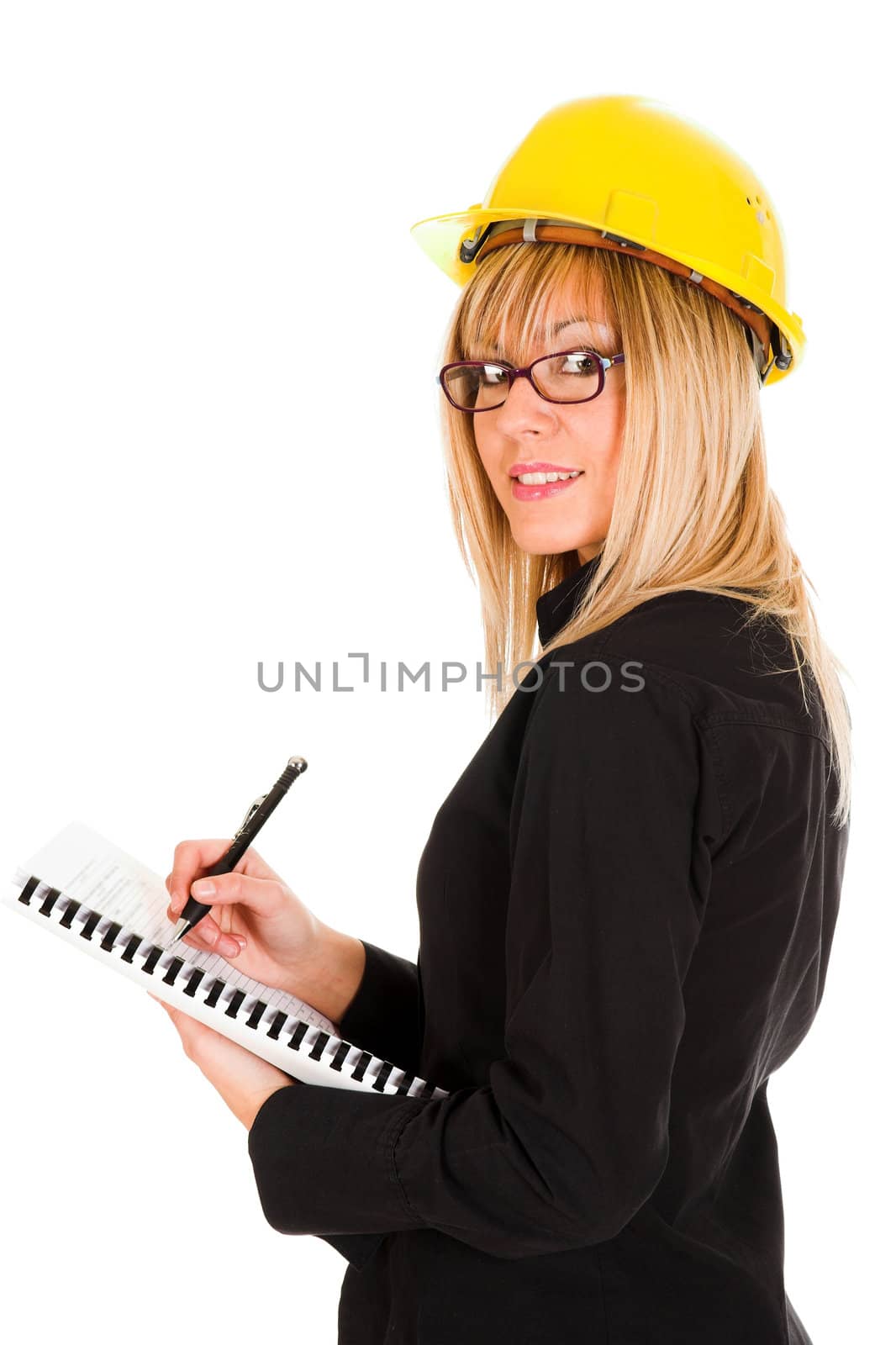 A businesswoman with documents and pencil on white background