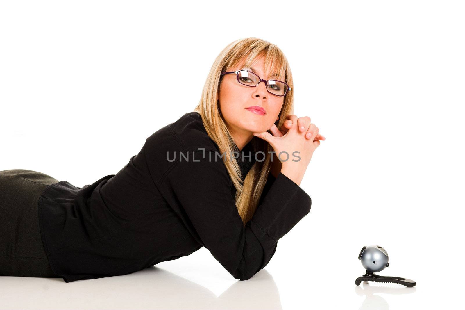 beautiful young woman with webcam on white background 