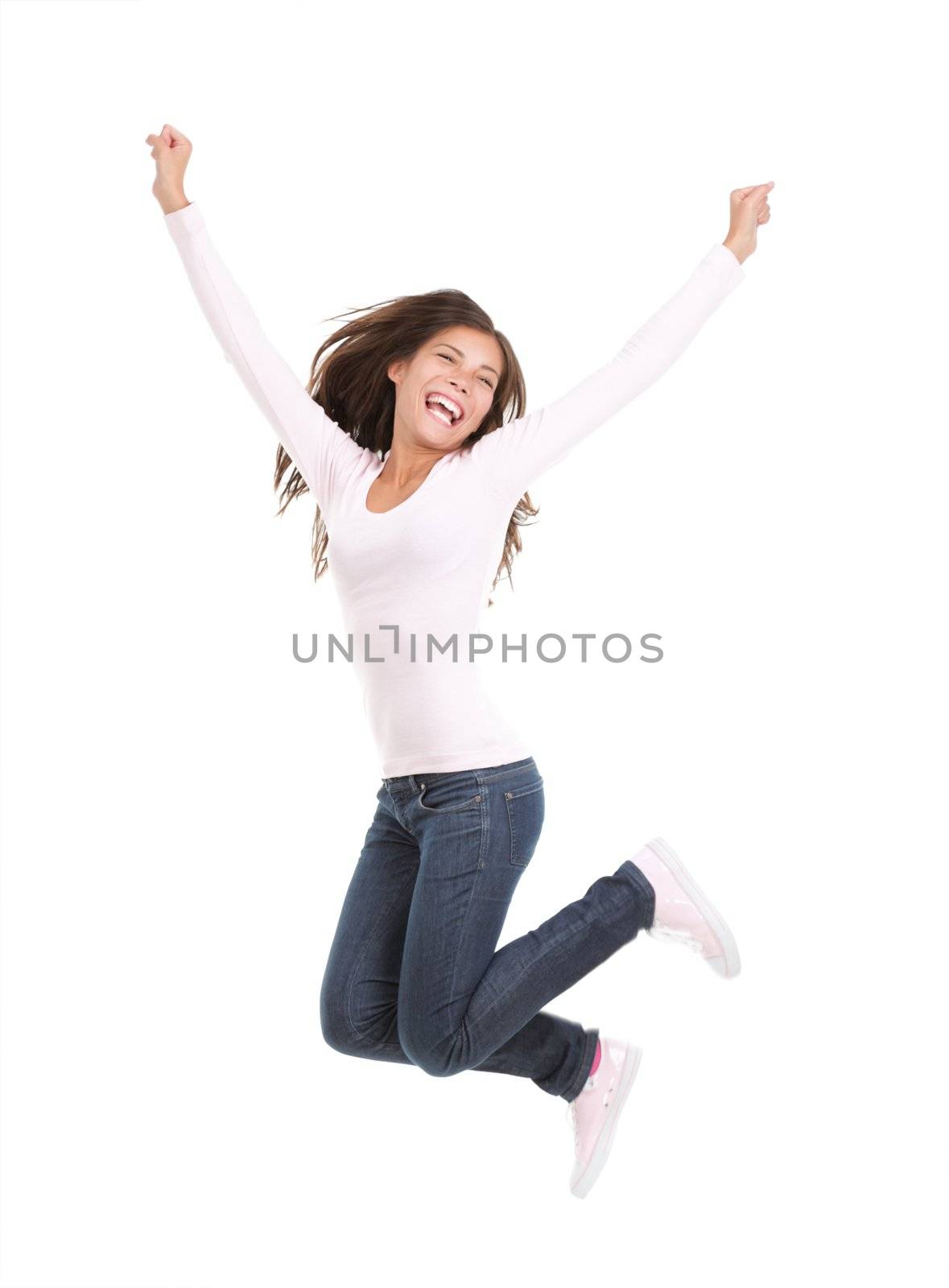 Happy woman jumping isolated by Maridav