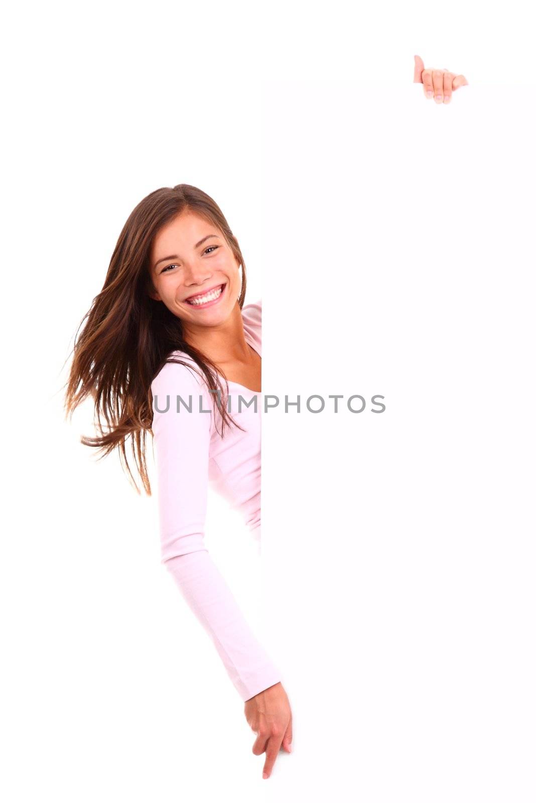 Beautiful woman holding sign. Cute image of woman holding a white blank board / placard. Beautiful mixed race asian / caucasian model isolated on white background.