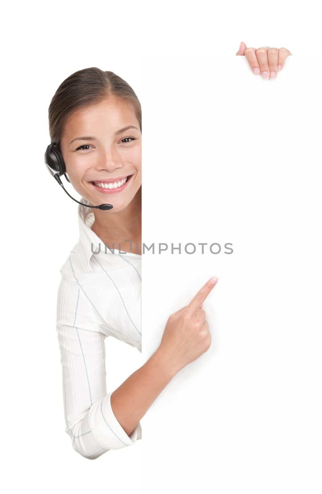 Headset woman from call center standing with billboard by Maridav