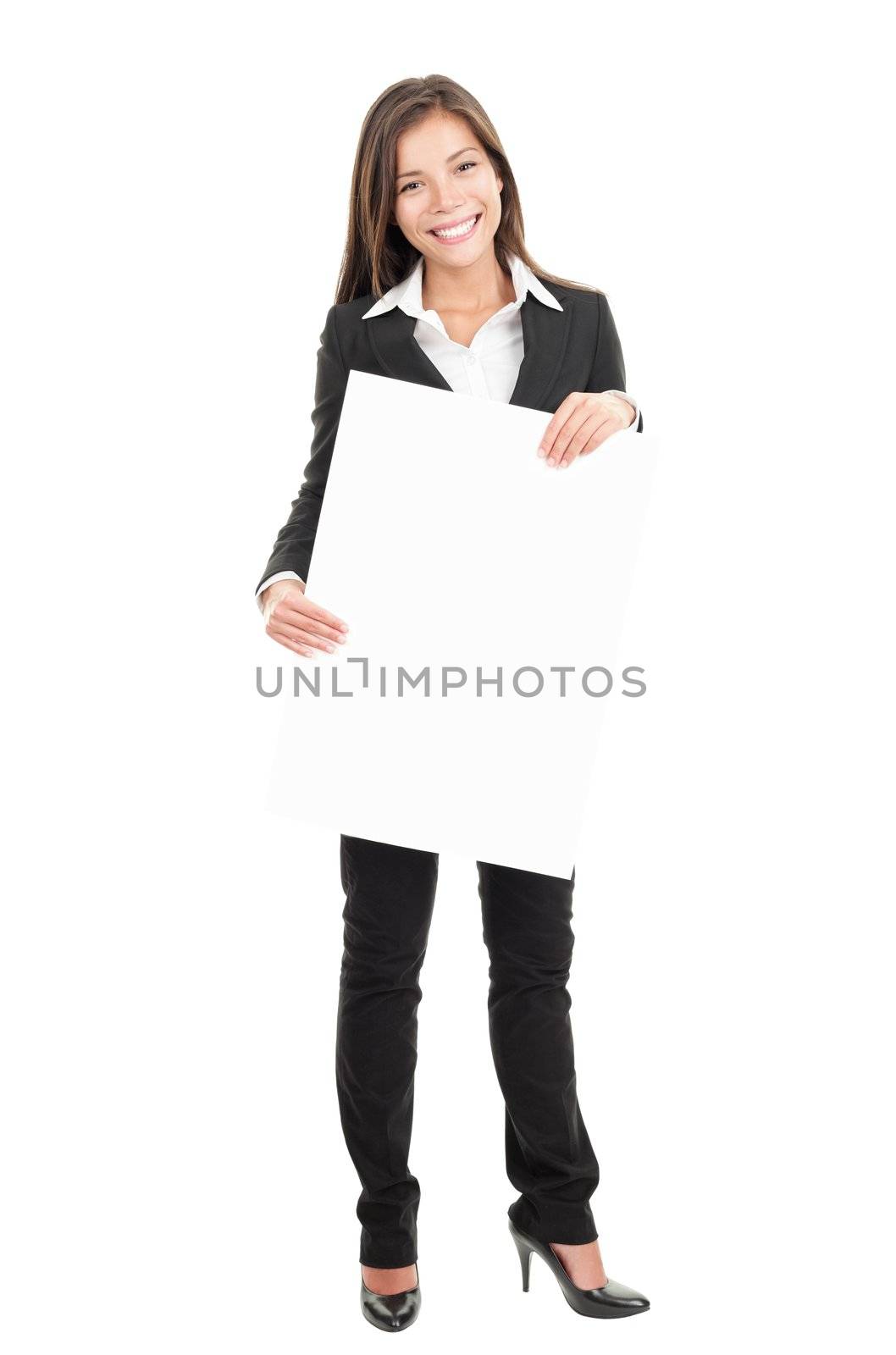 Sign woman. Businesswoman holding big commercial billboard sign. Beautiful mixed race chinese / caucasian woman in full length isolated on white background. 