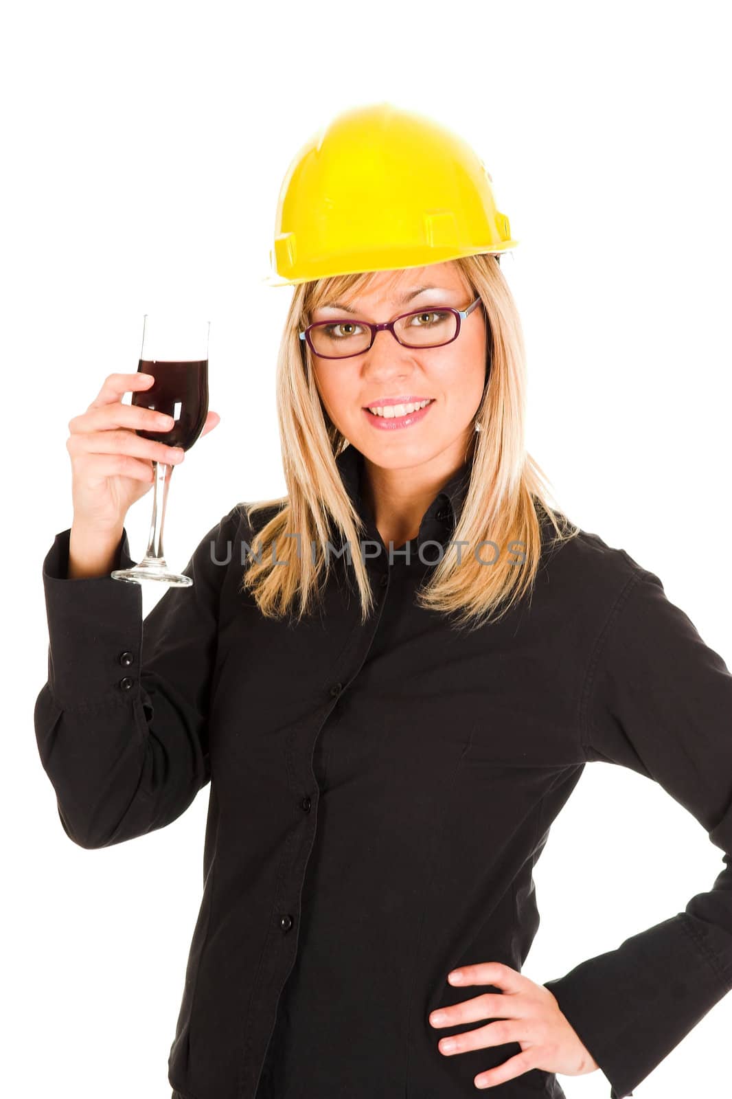 businesswoman with a glass of wine on white background